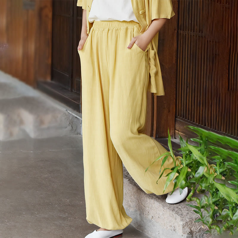Buddha Stones Lässige, schlichte, lockere Leinenhose für Damen mit Taschen