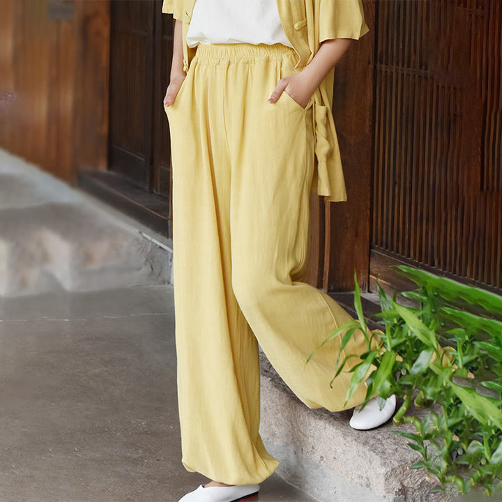 Buddha Stones Lässige, schlichte, lockere Leinenhose für Damen mit Taschen