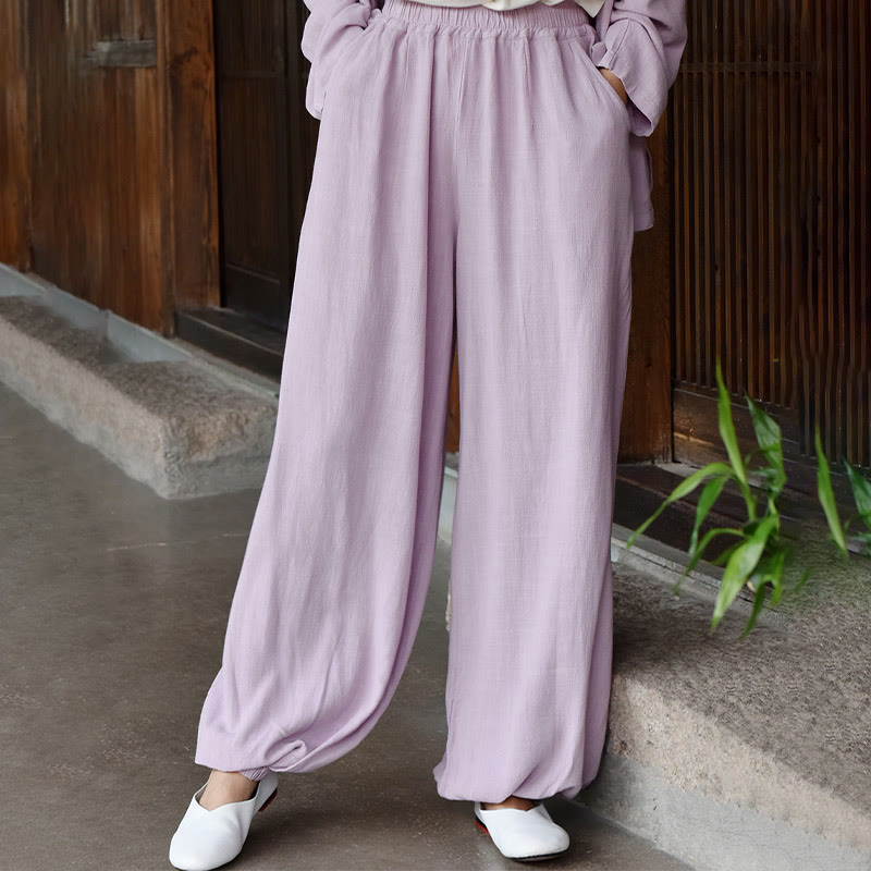Buddha Stones Lässige, schlichte, lockere Leinenhose für Damen mit Taschen