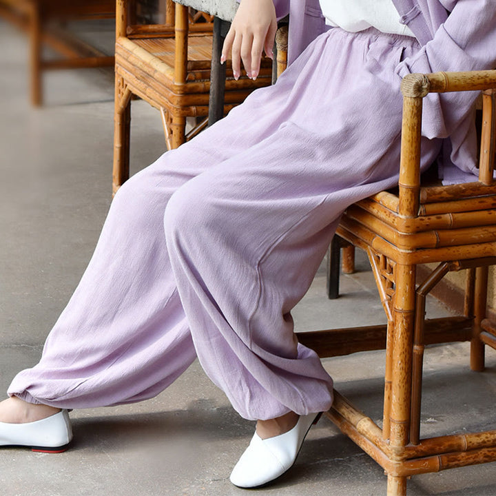 Buddha Stones Lässige, schlichte, lockere Leinenhose für Damen mit Taschen
