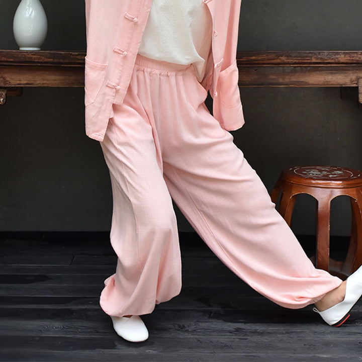 Buddha Stones Lässige, schlichte, lockere Leinenhose für Damen mit Taschen