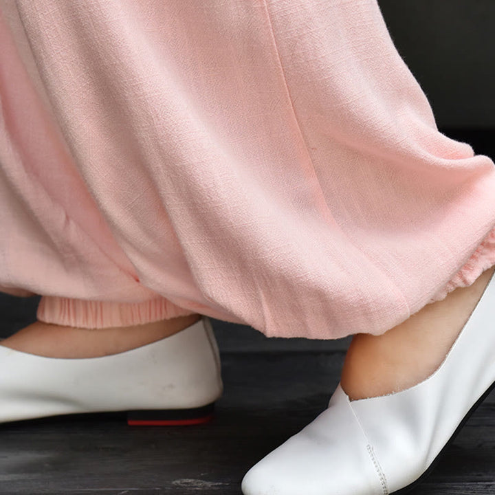 Buddha Stones Lässige, schlichte, lockere Leinenhose für Damen mit Taschen