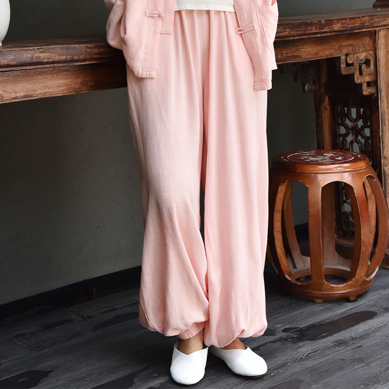 Buddha Stones Lässige, schlichte, lockere Leinenhose für Damen mit Taschen