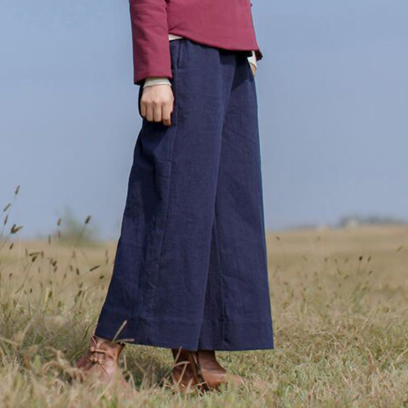 Buddha Stones Lässige, schlichte, lockere Ramie-Hose für Damen mit weitem Bein und Taschen