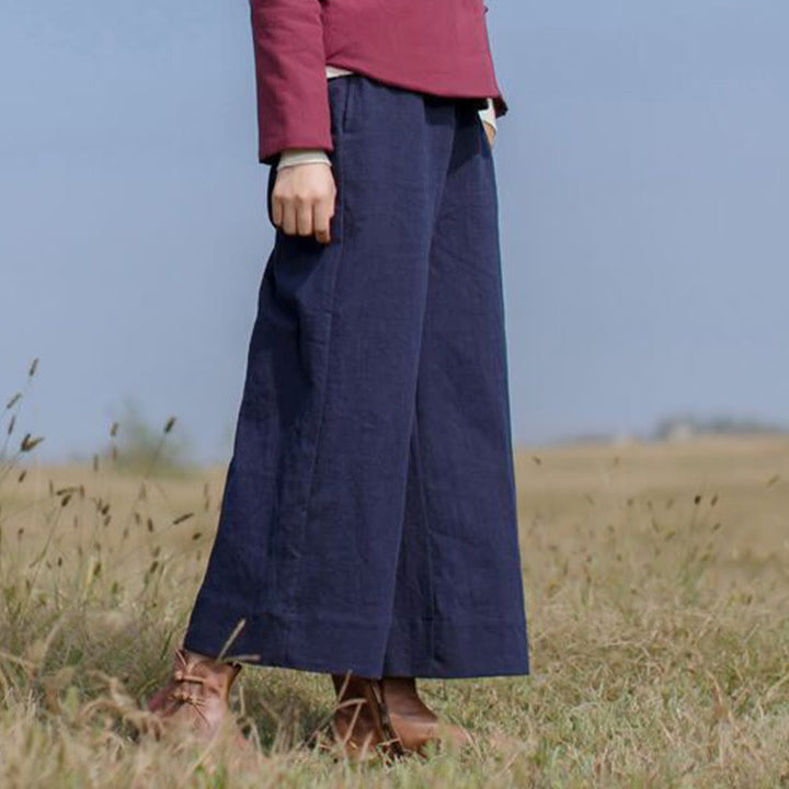 Buddha Stones Lässige, schlichte, lockere Ramie-Hose für Damen mit weitem Bein und Taschen
