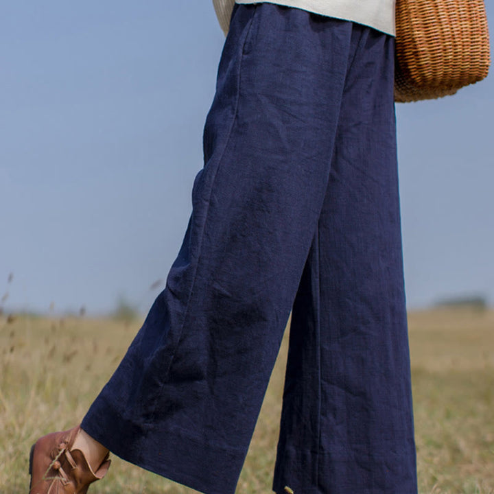 Buddha Stones Lässige, schlichte, lockere Ramie-Hose für Damen mit weitem Bein und Taschen