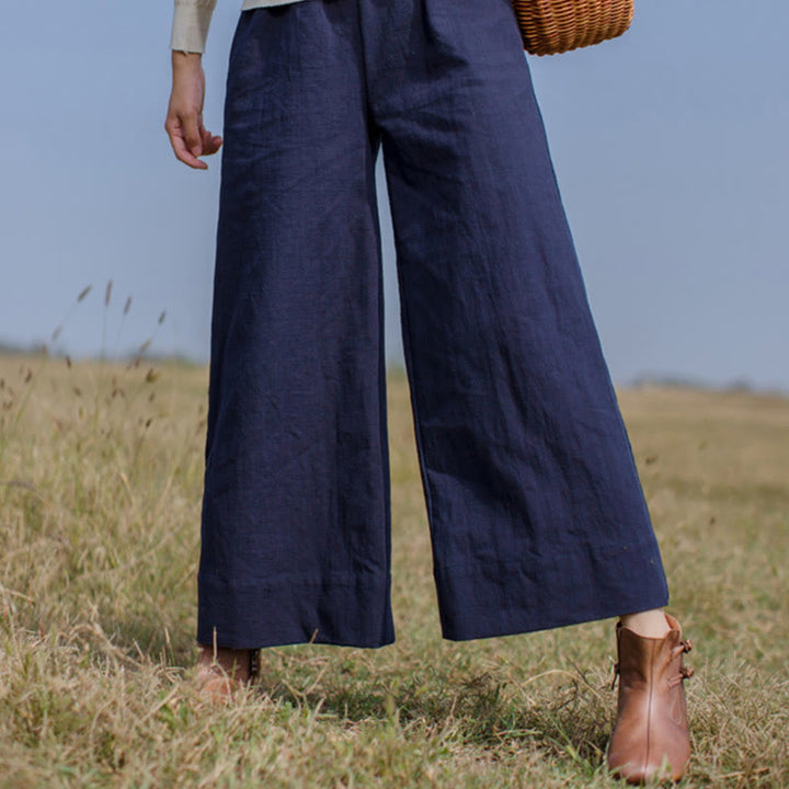 Buddha Stones Lässige, schlichte, lockere Ramie-Hose für Damen mit weitem Bein und Taschen