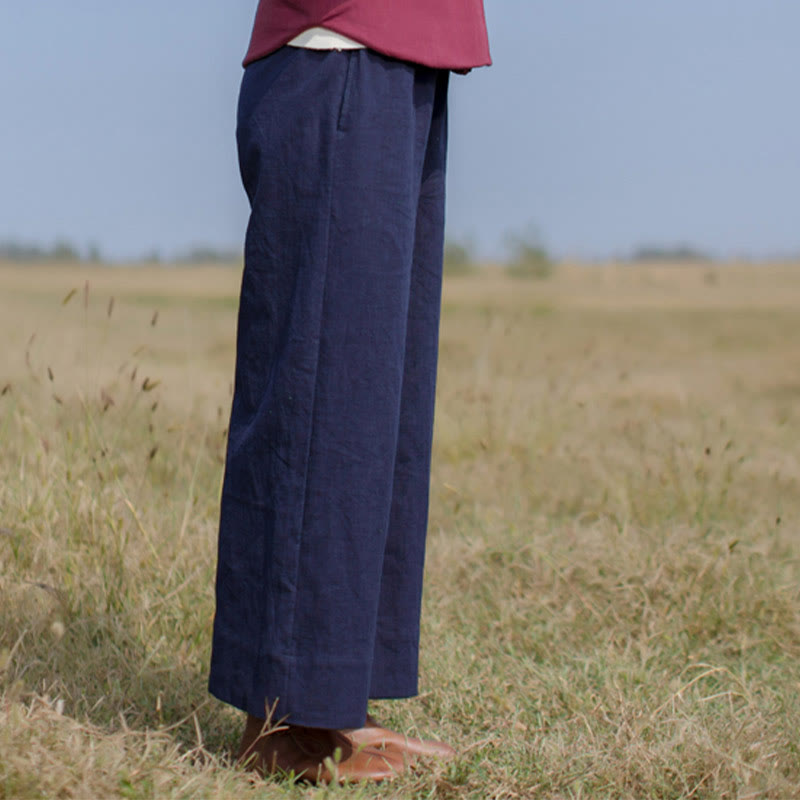 Buddha Stones Lässige, schlichte, lockere Ramie-Hose für Damen mit weitem Bein und Taschen