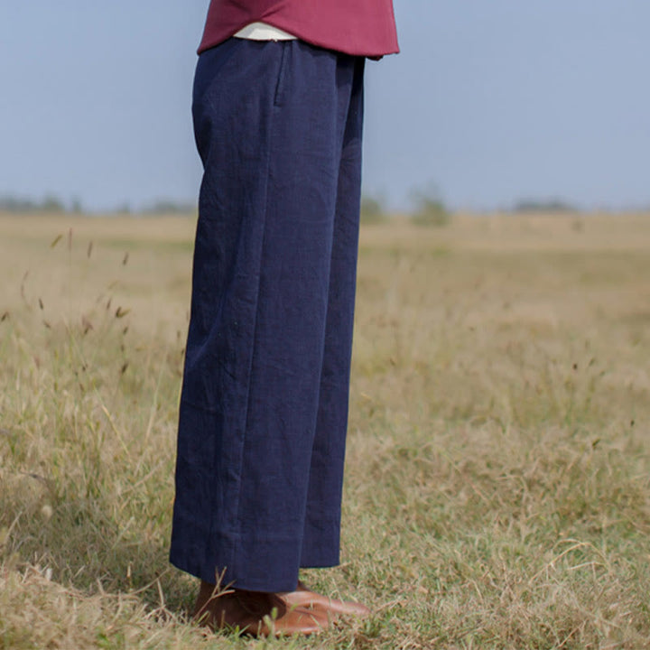 Buddha Stones Lässige, schlichte, lockere Ramie-Hose für Damen mit weitem Bein und Taschen