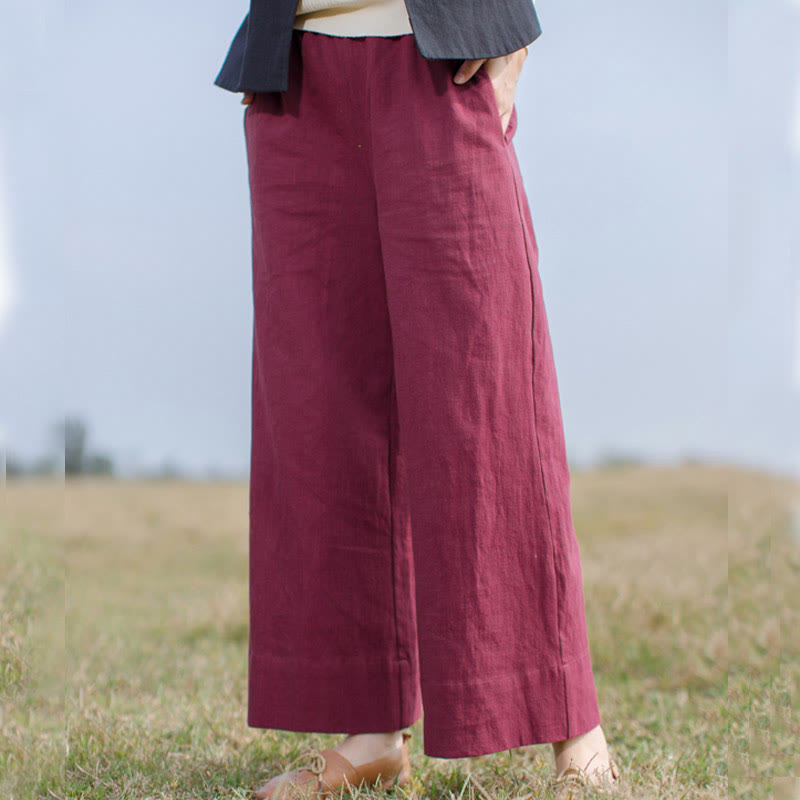 Buddha Stones Lässige, schlichte, lockere Ramie-Hose für Damen mit weitem Bein und Taschen