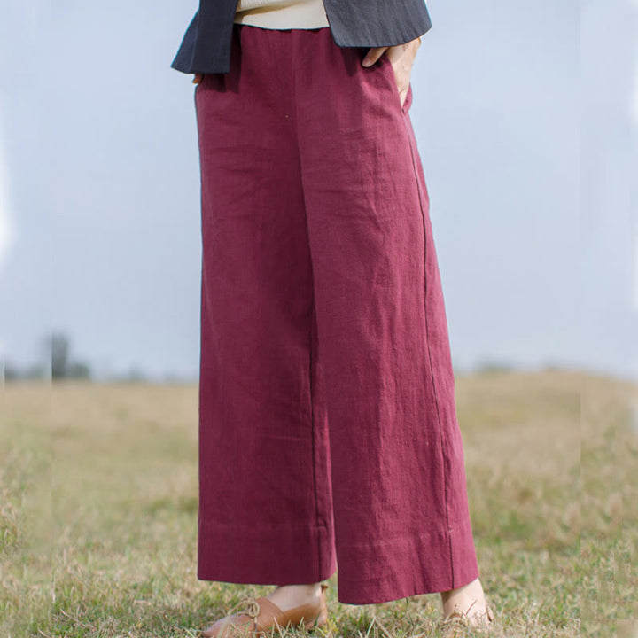 Buddha Stones Lässige, schlichte, lockere Ramie-Hose für Damen mit weitem Bein und Taschen
