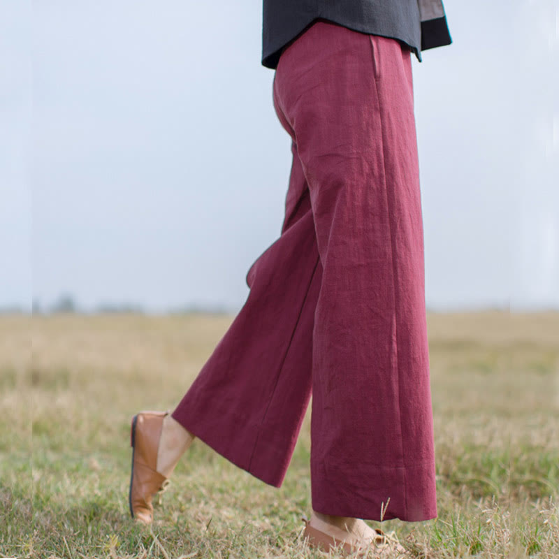 Buddha Stones Lässige, schlichte, lockere Ramie-Hose für Damen mit weitem Bein und Taschen