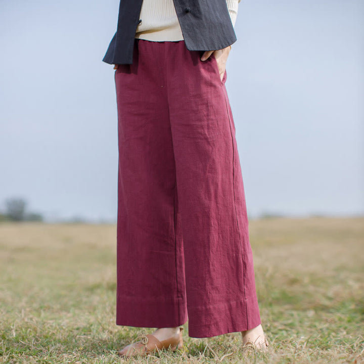 Buddha Stones Lässige, schlichte, lockere Ramie-Hose für Damen mit weitem Bein und Taschen