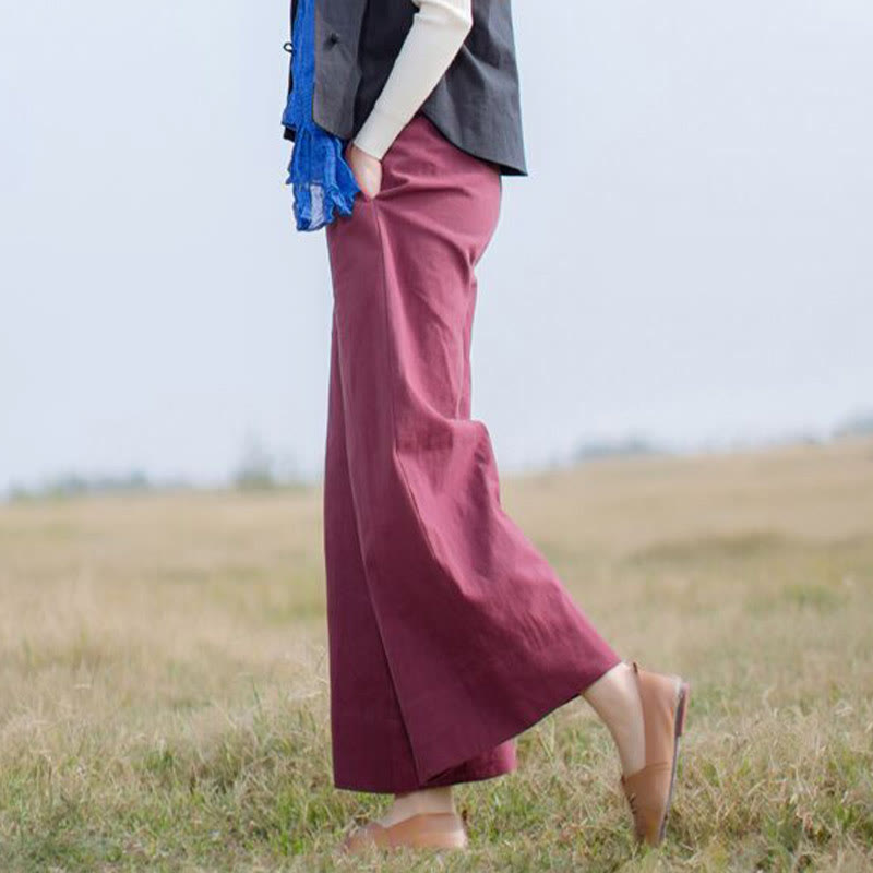 Buddha Stones Lässige, schlichte, lockere Ramie-Hose für Damen mit weitem Bein und Taschen