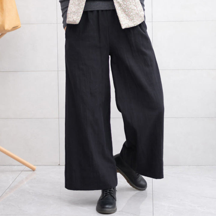 Buddha Stones Lässige, schlichte, lockere Ramie-Hose für Damen mit weitem Bein und Taschen