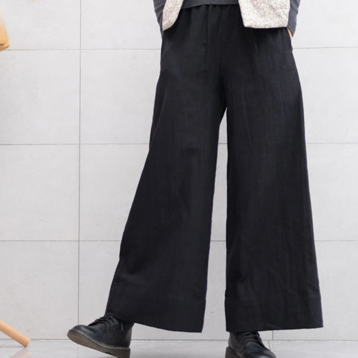 Buddha Stones Lässige, schlichte, lockere Ramie-Hose für Damen mit weitem Bein und Taschen