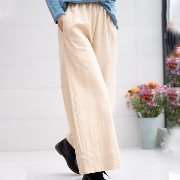 Buddha Stones Lässige, schlichte, lockere Ramie-Hose für Damen mit weitem Bein und Taschen