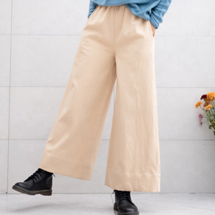 Buddha Stones Lässige, schlichte, lockere Ramie-Hose für Damen mit weitem Bein und Taschen