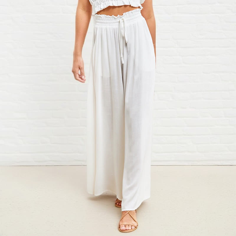 Buddha Stones Lässige, hochelastische Taille, schlichte, lockere Damenhose aus Polyester mit weitem Bein und Taschen