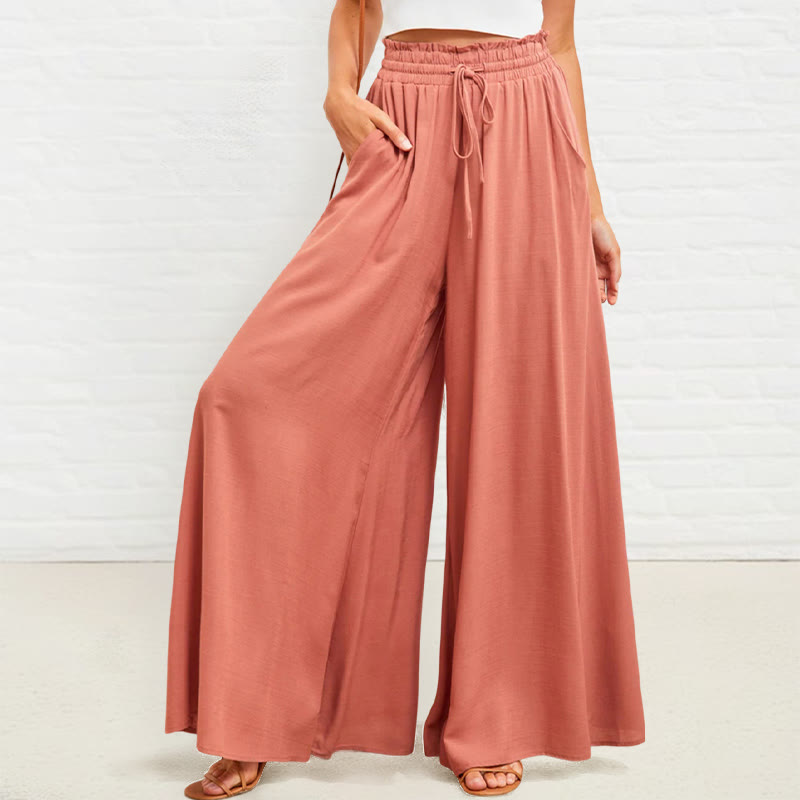 Buddha Stones Lässige, hochelastische Taille, schlichte, lockere Damenhose aus Polyester mit weitem Bein und Taschen