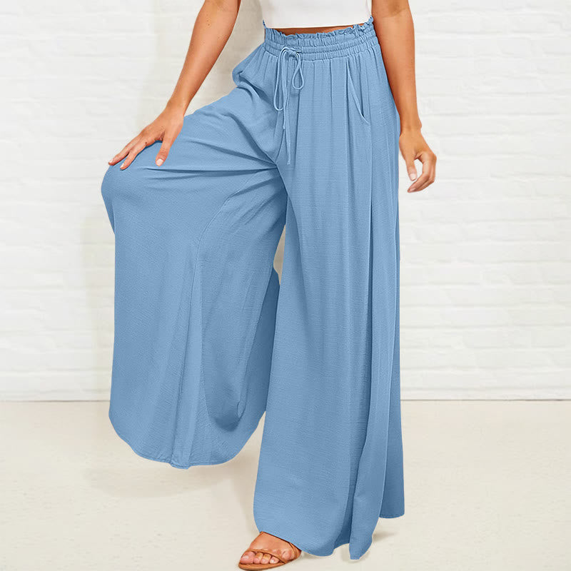 Buddha Stones Lässige, hochelastische Taille, schlichte, lockere Damenhose aus Polyester mit weitem Bein und Taschen