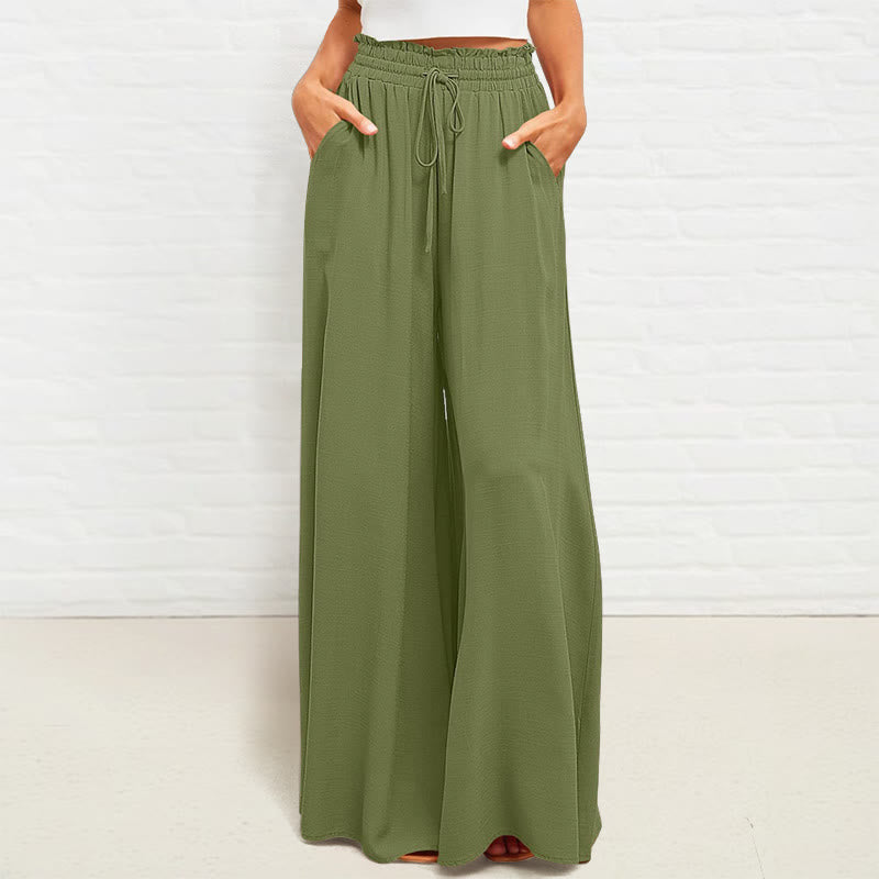 Buddha Stones Lässige, hochelastische Taille, schlichte, lockere Damenhose aus Polyester mit weitem Bein und Taschen