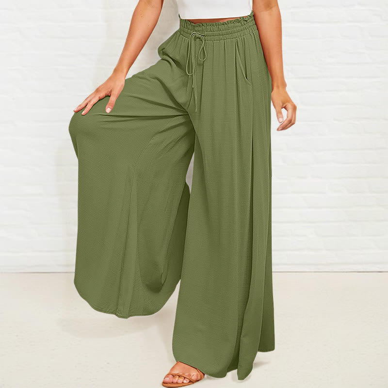 Buddha Stones Lässige, hochelastische Taille, schlichte, lockere Damenhose aus Polyester mit weitem Bein und Taschen