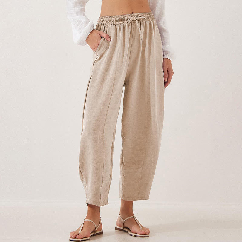 Buddha Stones Lässige, schlichte, lockere 7/8-Hose aus Polyester mit Kordelzug und Taschen für Damen