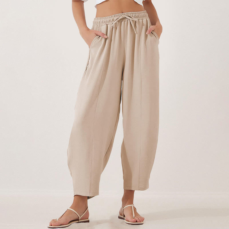 Buddha Stones Lässige, schlichte, lockere 7/8-Hose aus Polyester mit Kordelzug und Taschen für Damen - Papaya-Sahne - US16, UK/AU20, EU48 (3XL) - image 0