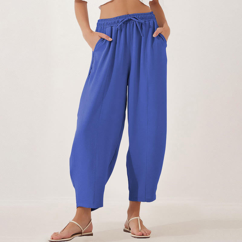Buddha Stones Lässige, schlichte, lockere 7/8-Hose aus Polyester mit Kordelzug und Taschen für Damen
