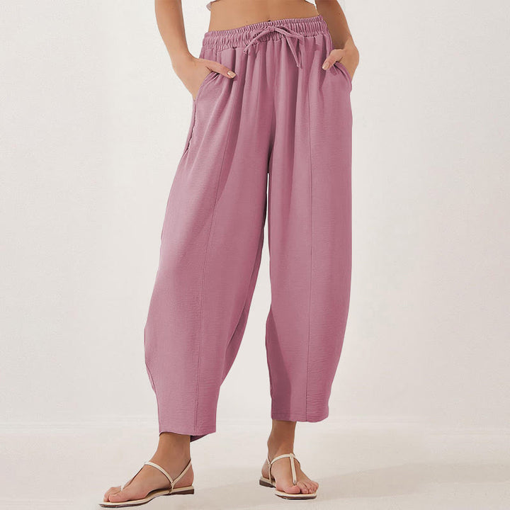 Buddha Stones Lässige, schlichte, lockere 7/8-Hose aus Polyester mit Kordelzug und Taschen für Damen
