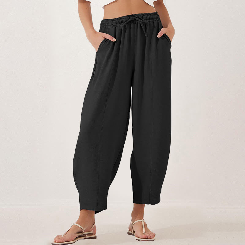 Buddha Stones Lässige, schlichte, lockere 7/8-Hose aus Polyester mit Kordelzug und Taschen für Damen