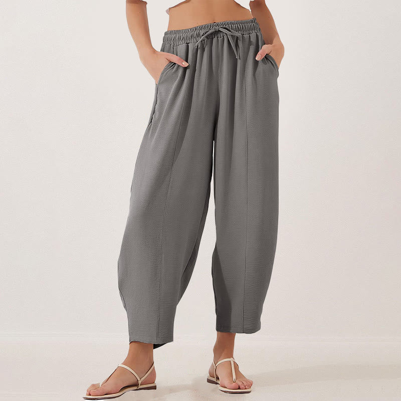 Buddha Stones Lässige, schlichte, lockere 7/8-Hose aus Polyester mit Kordelzug und Taschen für Damen