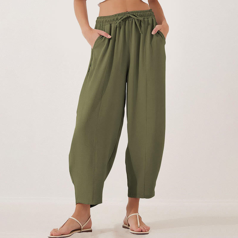 Buddha Stones Lässige, schlichte, lockere 7/8-Hose aus Polyester mit Kordelzug und Taschen für Damen