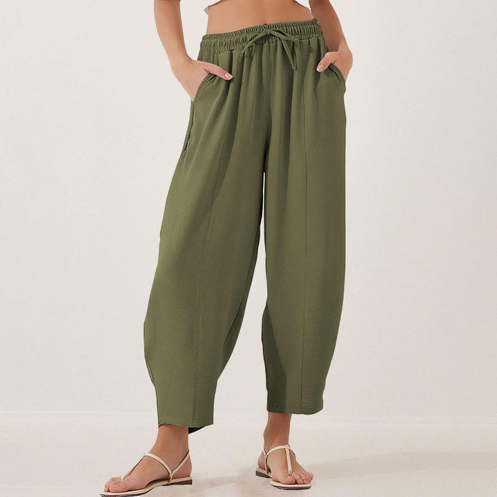 Buddha Stones Lässige, schlichte, lockere 7/8-Hose aus Polyester mit Kordelzug und Taschen für Damen
