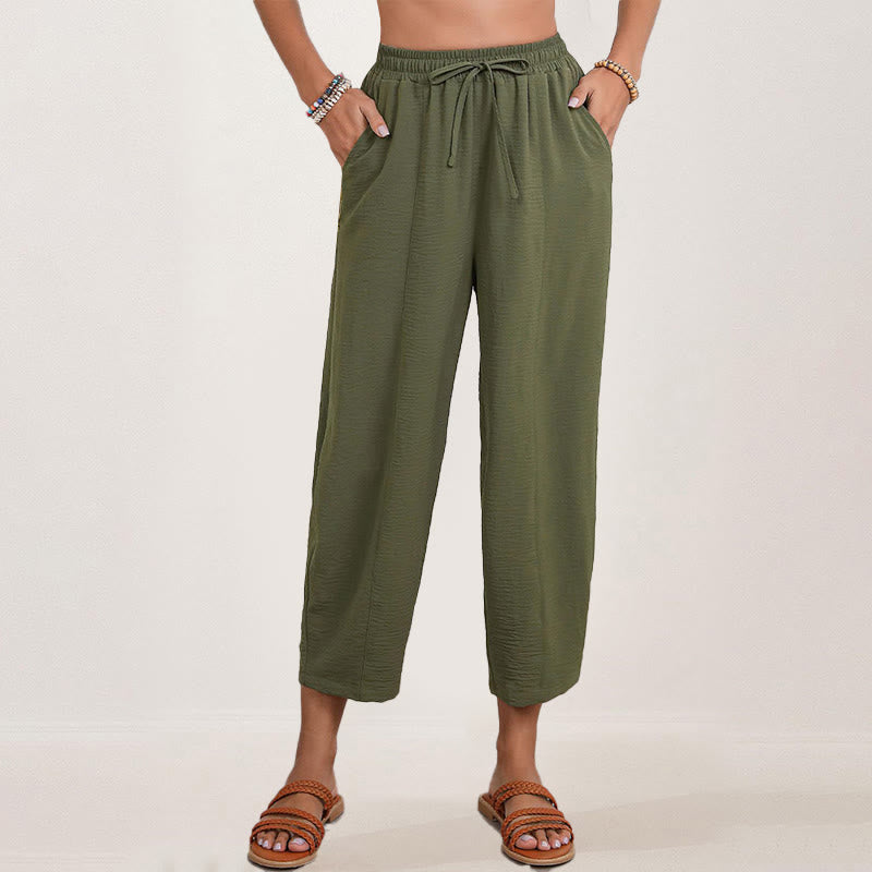 Buddha Stones Lässige, schlichte, lockere 7/8-Hose aus Polyester mit Kordelzug und Taschen für Damen