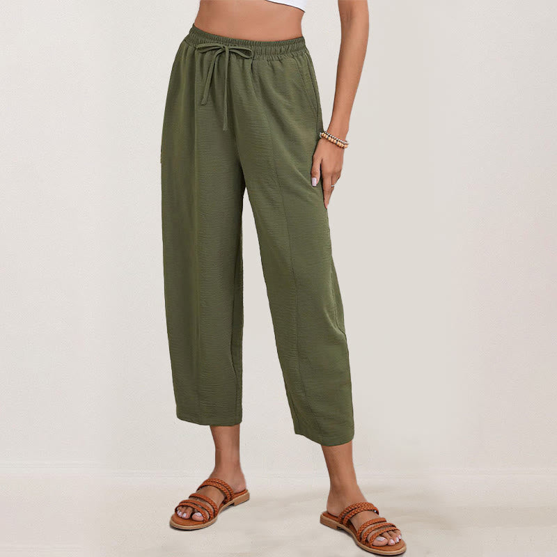 Buddha Stones Lässige, schlichte, lockere 7/8-Hose aus Polyester mit Kordelzug und Taschen für Damen