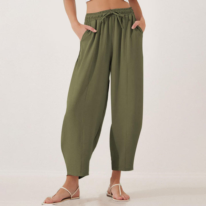 Buddha Stones Lässige, schlichte, lockere 7/8-Hose aus Polyester mit Kordelzug und Taschen für Damen