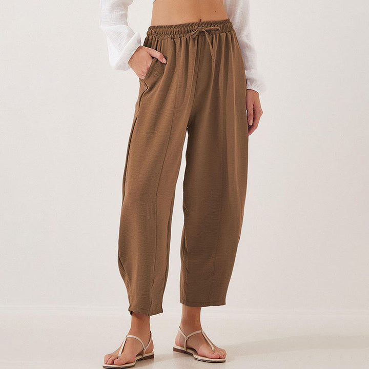 Buddha Stones Lässige, schlichte, lockere 7/8-Hose aus Polyester mit Kordelzug und Taschen für Damen