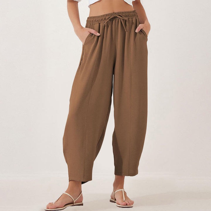 Buddha Stones Lässige, schlichte, lockere 7/8-Hose aus Polyester mit Kordelzug und Taschen für Damen