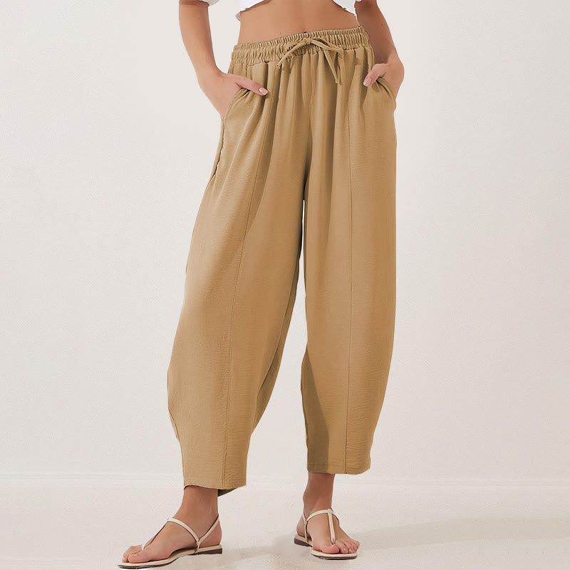 Buddha Stones Lässige, schlichte, lockere 7/8-Hose aus Polyester mit Kordelzug und Taschen für Damen