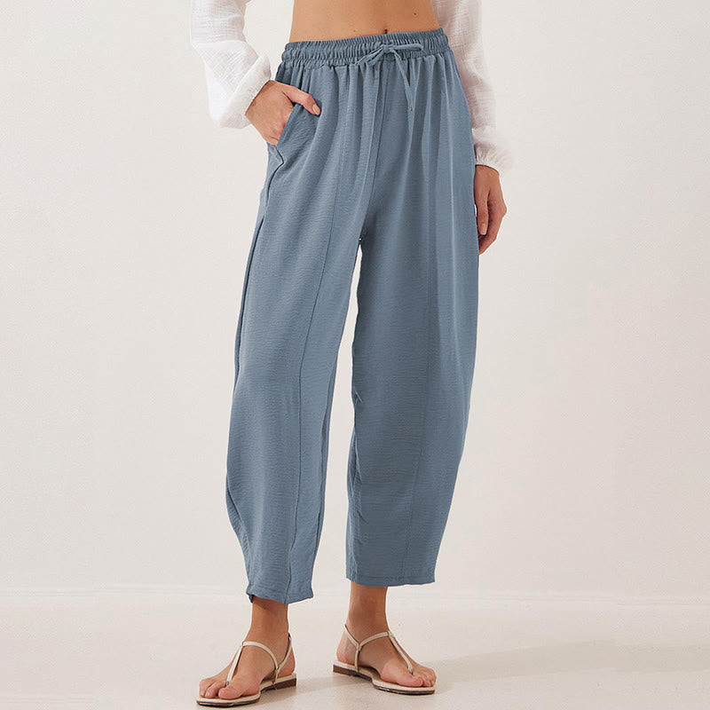 Buddha Stones Lässige, schlichte, lockere 7/8-Hose aus Polyester mit Kordelzug und Taschen für Damen
