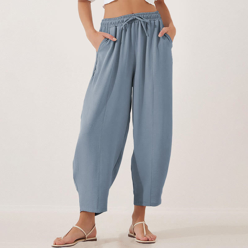 Buddha Stones Lässige, schlichte, lockere 7/8-Hose aus Polyester mit Kordelzug und Taschen für Damen