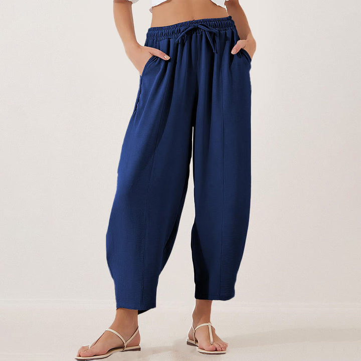 Buddha Stones Lässige, schlichte, lockere 7/8-Hose aus Polyester mit Kordelzug und Taschen für Damen