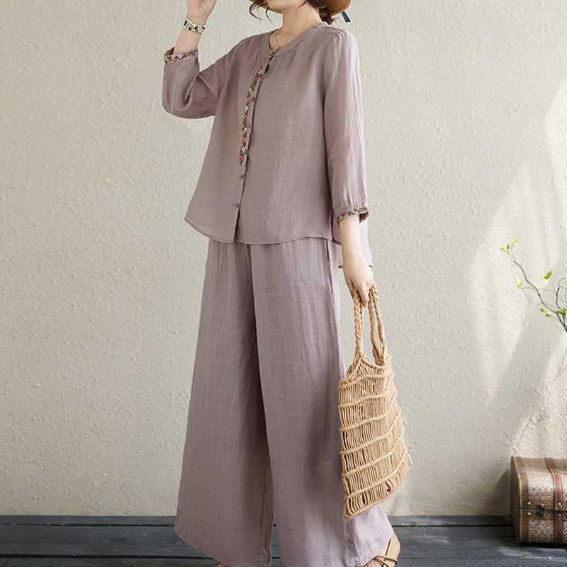 Buddha Stones , 2-teilig, Baumwolle, Stickerei, Blumen, Hemd, Oberteil, Hose, Meditation, Zen, Tai Chi, Damen-Set - image 5