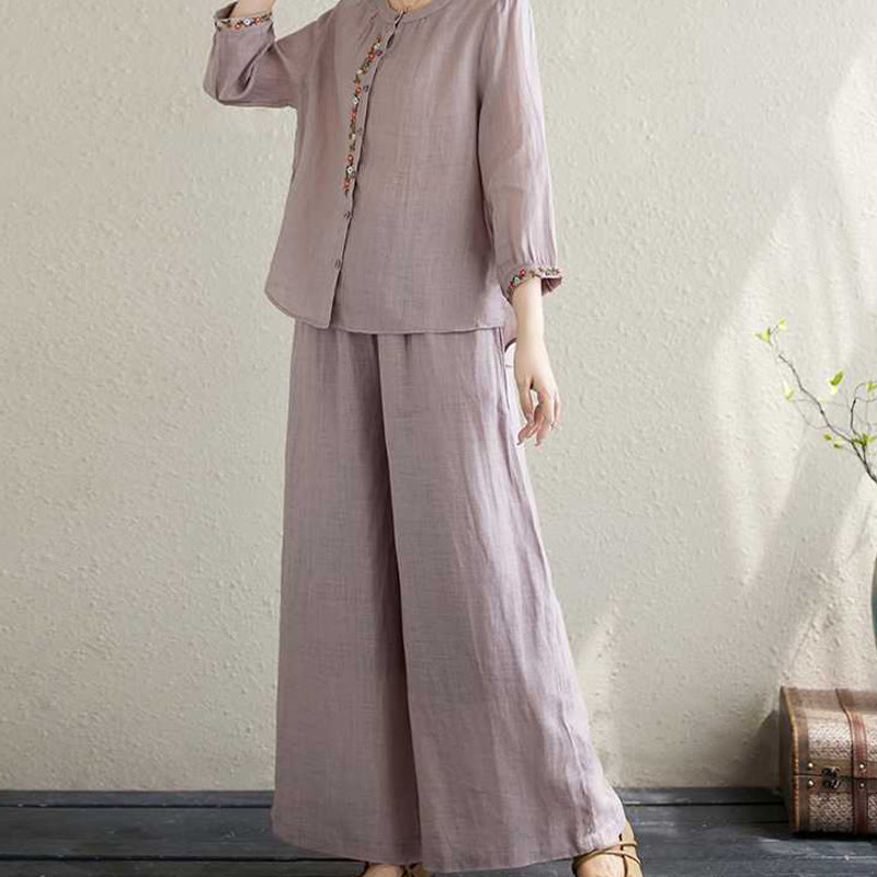 Buddha Stones , 2-teilig, Baumwolle, Stickerei, Blumen, Hemd, Oberteil, Hose, Meditation, Zen, Tai Chi, Damen-Set - image 4