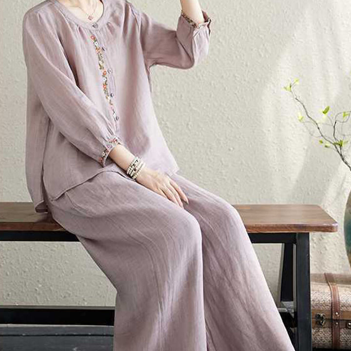 Buddha Stones , 2-teilig, Baumwolle, Stickerei, Blumen, Hemd, Oberteil, Hose, Meditation, Zen, Tai Chi, Damen-Set - image 8