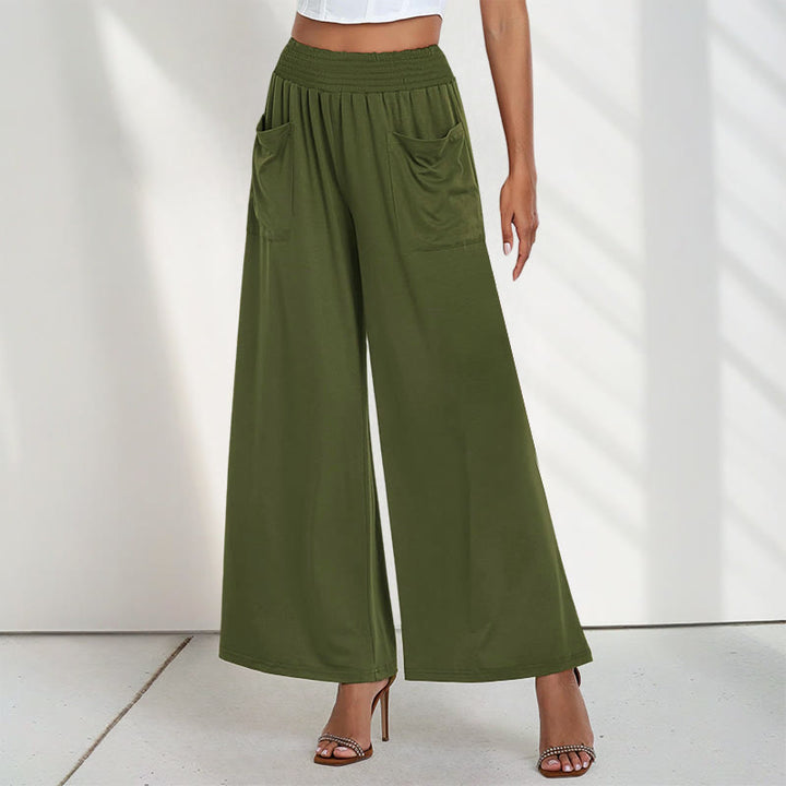 Buddha Stones Lässige, hoch taillierte, schlichte, lockere Damenhose aus Polyester mit weitem Bein und Taschen