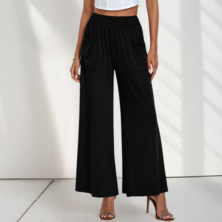Buddha Stones Lässige, hoch taillierte, schlichte, lockere Damenhose aus Polyester mit weitem Bein und Taschen