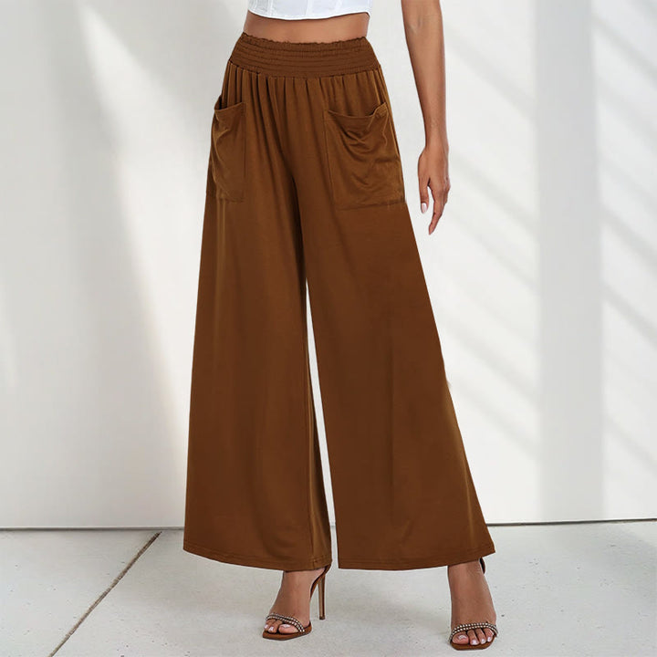 Buddha Stones Lässige, hoch taillierte, schlichte, lockere Damenhose aus Polyester mit weitem Bein und Taschen